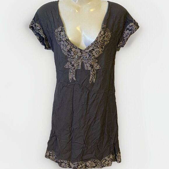 Y2K ASOS Mini Dress Women Size 6 Gray Lace Double V Neck Tie Back Sexy Feminine - Picture 1 of 10